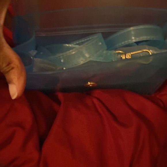 Teal, see through, hand bag with detachable shoulder strap. - Picture 3 of 5